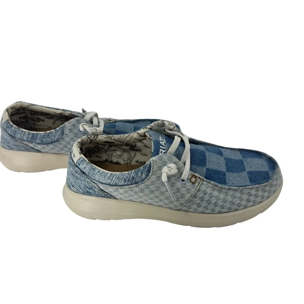 Ariat Hilo Women Blue‎ Checkerboard Denim Loafers Moc Toe Shoes  7.5